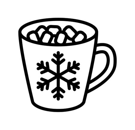 Winter drinks flat line icon. Tea, cocoa with marshmallows, winter warming drinks and hot cappuccino and latte cups. Outline sign for mobile concept and web design, store.のイラスト素材