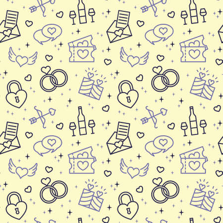 Seamless vector pattern Valentine's day. S Symbols of love - heart, cupid, arrow, valentine, gift, ring, message. For fabric, paper, wrap, textile, poster, scrapbooking, wallpaper or background, for web site or mobile app.のイラスト素材