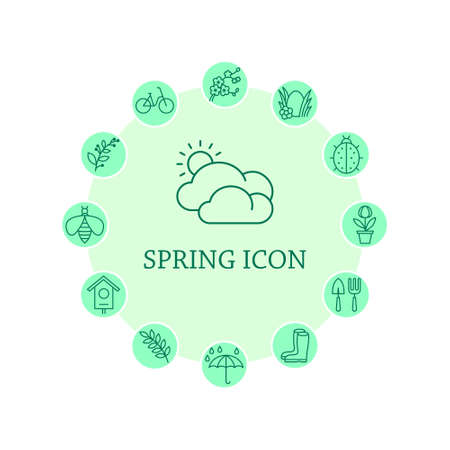 Spring flat line icons set. Flowers and Gardening Equipment, springtime. Simple flat vector illustration for web site or mobile app.のイラスト素材