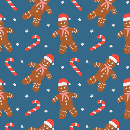 Seamless vector pattern gingerbread man and candy cane. Cookies for christmas. For fabric, paper,...
