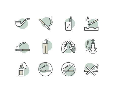 Smoking cigar flat line icons set. Cigar, tobacco, vape tank and cigarettes. Simple flat vector illustration for web site or mobile app.のイラスト素材