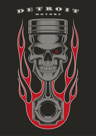 Skull piston with classic american flames on black background.のイラスト素材