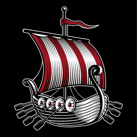 Vector illustration with ship of viking   Isolated on dark background.