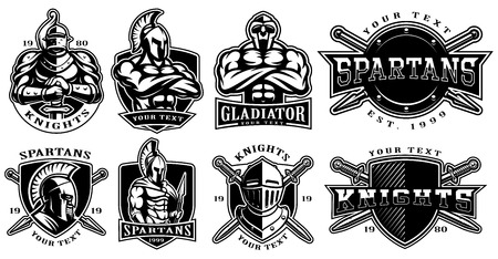 Set of icon, badges with knights, gladiators, spartan warriors.のイラスト素材