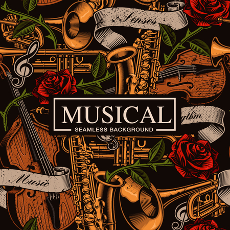 Musical colored seamless background in tattoo styleのイラスト素材