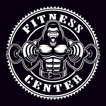 Vintage round badge of a gorilla bodybuilder with dumbbells.のイラスト素材