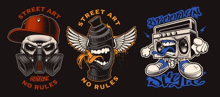 Set of vector graffiti characters on the dark background. The illustrations are perfect for apparel, logos, posters, and many other uses.のイラスト素材