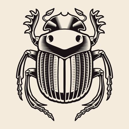 A black and white vector illustration of a Egyptian scarab, isolated on the white background.のイラスト素材