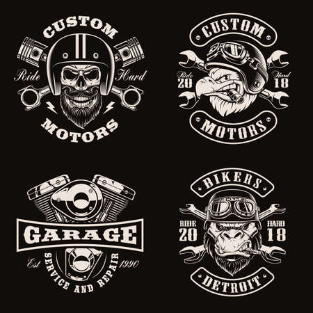 Black and white vintage bike emblems on dark backgroundのイラスト素材