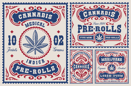 a set of vintage labels and badges for a cannabis theme, these design can be used as templates for packages for different marijuana productsのイラスト素材