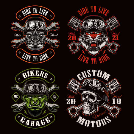 A set of biker themed vector illustrations, these designs can be used as shirt prints, emblems, or for many other usesのイラスト素材