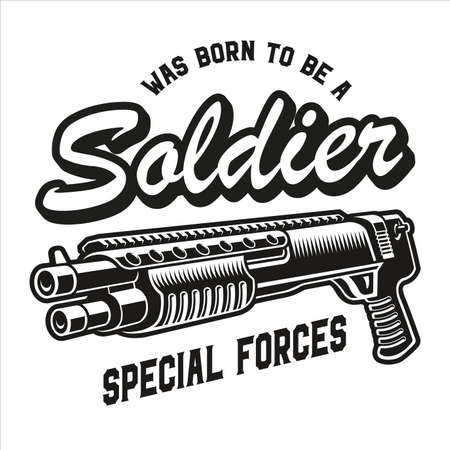 a black and white vector illustration of a shotgun, this design can be used as a t-shirt print for a military themeのイラスト素材