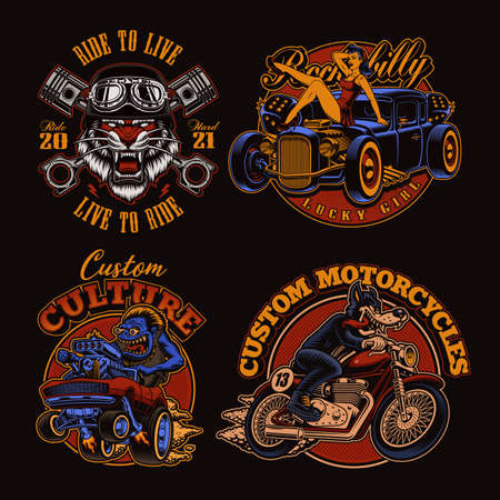 A set of vintage vector illustrations for such themes as hot rod and biker, perfect for t-shirt printsのイラスト素材
