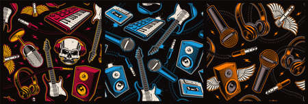 Bundle of color music seamless backgrounds with different cartoon musical instruments