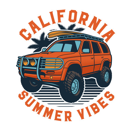 Vintage T-shirt design with SUV car for surfingのイラスト素材