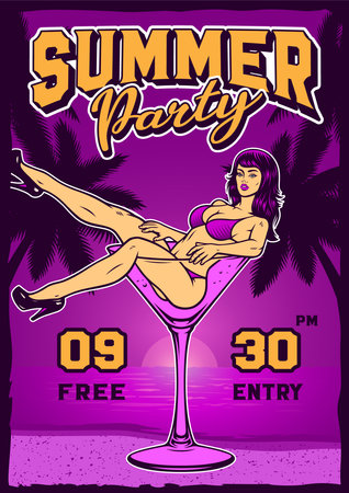 Vintage Summer party poster with pin up girl in a glassのイラスト素材