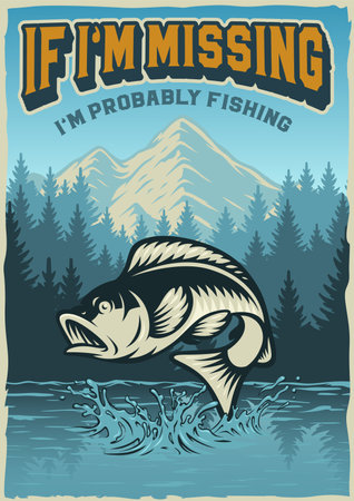 Vintage poster on the theme of fishing with perch fish of the background of mountainsのイラスト素材