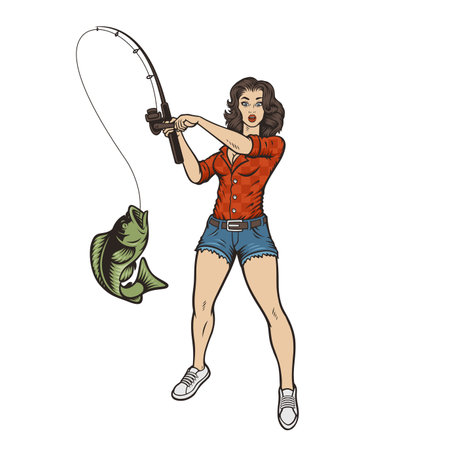Vector illustration with a pin up girl with a fishing rod on a white backgroundのイラスト素材