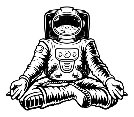 Black and white vector illustration of an astronaut meditating in the lotus positionのイラスト素材