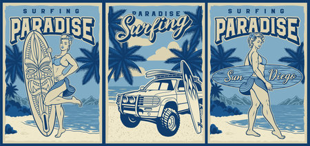 Set of vintage monochorme posters for a surfing theme with different pin up girls on the beachのイラスト素材