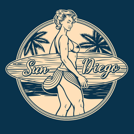 Black and white t-shirt badge with a pin up surfing girl on a beachのイラスト素材