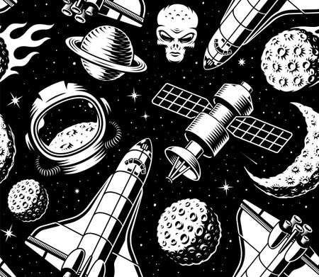 Black and white space seamless pattern in vintage style with design elements such as asteroid, astronaut helmet, satellite, head alienのイラスト素材