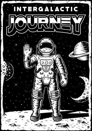 Vintage poster on space theme with illustration of an astronaut on the moon. This design can also be used as a t-shirt print.のイラスト素材