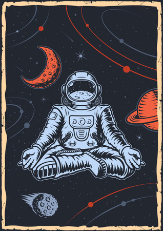 Color space poster in vintage style with illustration meditation astronaut on a moon. This design can also be used as a t-shirt print.のイラスト素材