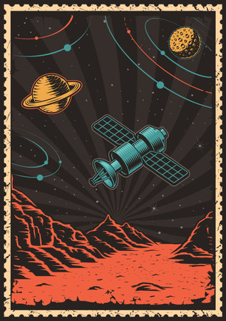 Vintage space poster with satellite on Mars planet. This design can also be used as a t-shirt print.のイラスト素材