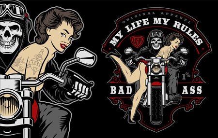 Vector patch of a skeleton on the motorcycle with a girl on a dark backgroundのイラスト素材