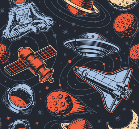 Vintage space seamless pattern with design elements such as flying saucer, planets, space satellite, shuttle, asteroidのイラスト素材