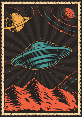 Vintage UFO poster with flying saucer. This design can also be used as a t-shirt print.のイラスト素材