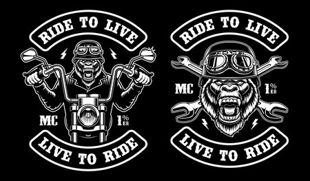 Set of a gorilla biker patch on a dark backgroundのイラスト素材