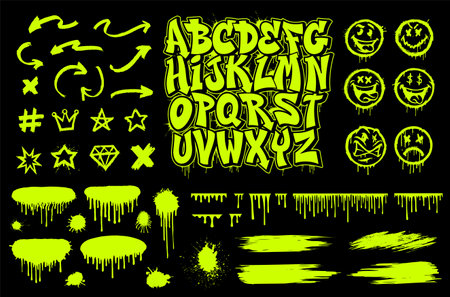 Graffiti Vector Graphics set, includes font, different designs elements such as smiles, arrows, spray drops and other imagesのイラスト素材