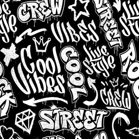 Black and white seamless graffiti background in street art styleのイラスト素材