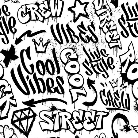 Black and white seamless graffiti backgroundのイラスト素材