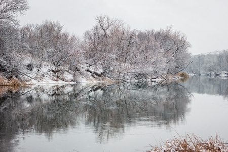 river with frozen forest, winter landscapeの写真素材