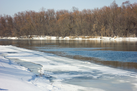 frozen river in winter, winter natureの写真素材