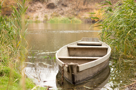 boat on the river in autumn, boat in the village, countrysideの写真素材