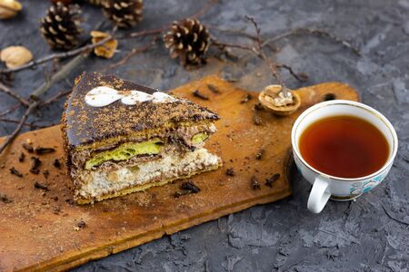 a piece of winter cake. A piece of cut cake baked for winter holidays