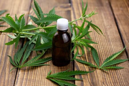 hemp oil on a wooden background. Marijuana branches on an old background. The concept of alternative treatmentの写真素材