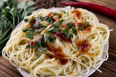 pasta plate with parsley and salt, homemade simple Italian dish, Italian pastaの写真素材