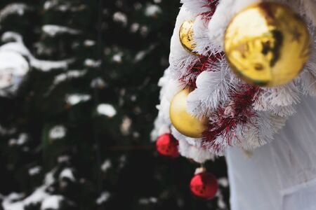 Christmas balls on the tree. Decorated Christmas tree for Christmas . Christmas decorationの写真素材