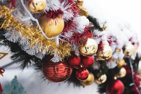 Christmas balls on the tree. Decorated Christmas tree for Christmas . Christmas decoration