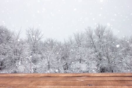 Wooden table on the background of the winter forest. Blank for winter advertising. Empty the table on backdrop of forests, place on the writing.の写真素材