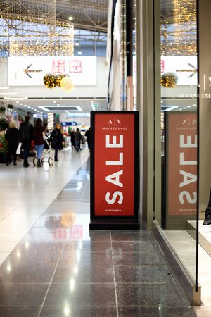 Saint Petersburg. RUSSIA, January 6, 2020. signs with the inscription sale in the supermarket. Big new year's sale in modern boutiques before the holidaysの写真素材