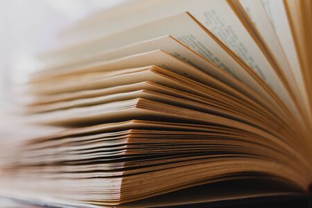 Open book on the table, close-up , bright room. Book in the library. Concept for world book day