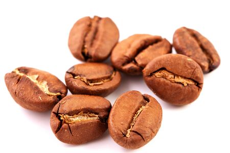 group of isolated roasted coffee beans, close up. Natural Cocoa Fruitsの写真素材
