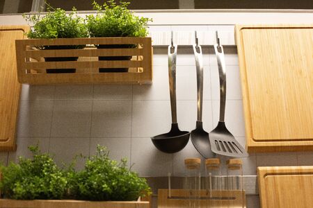 household utensils hanging in the kitchen with greens. accessories for cooking in a quick and convenient way in the apartment.の写真素材