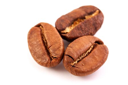 group of isolated roasted coffee beans, close up. Natural Cocoa Fruitsの写真素材